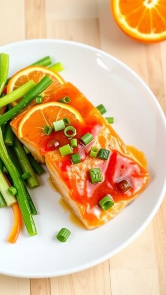 Air Fryer Orange Glazed Salmon Recipe Air fryer orange glazed salmon fillet garnished with green onions and orange slices on a white plate with vegetables.